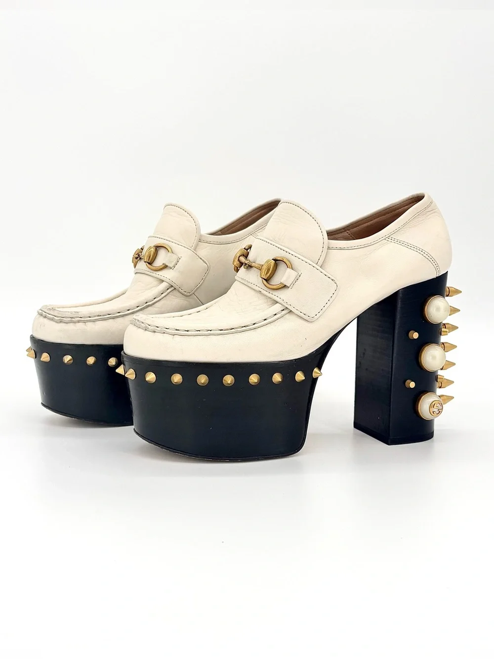 Gucci Vegas Spiked Pearl Horsebit Platform High Block Heel Loafers 36